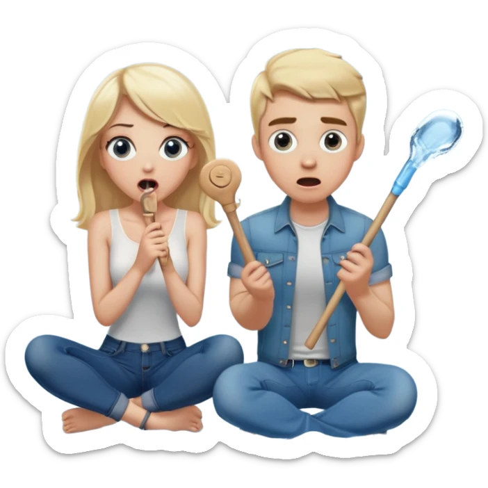 blond woman sitting on her knees with wide eyes, another man in jeans is staying (not sitting) on her left, she's holding a wide skin-colored stick with a D-shaped knob, the stick and the nob have skin texture, water squirting from the knob into her mouth, shocked face sticker