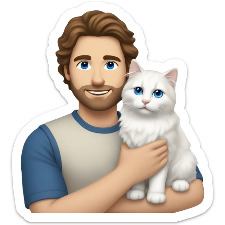 Man with brown hair and holding a all white Siberian cat with blue eyes sticker