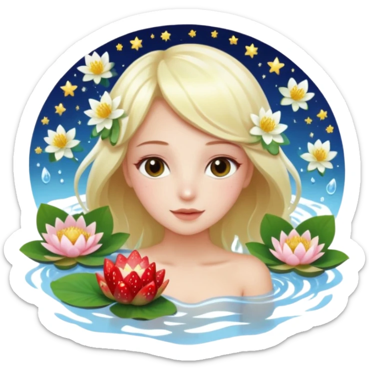 a beautiful girl mix with  watel lili and  Strawberries  being born with an nenuphar on her light hair on stars  sticker