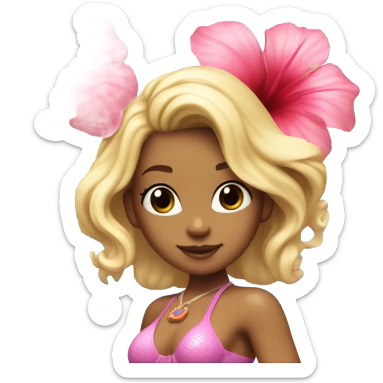 Mermaid with blonde hair, light blue tail and bra and a pink hibiscus flower in her hair sticker