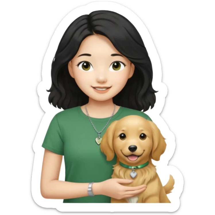 An asian girl wearing a tender green round-neck T-shirt, a thin silver necklace , long black and straight centre part hairstyle, slightly curly hair, smiling, holding a golden retriever sticker
