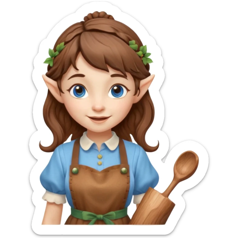 Kind happy whimsical quirky Girl toymaker, wood carving elf. Woodland creator. Blue eyes. brown hair (just below chin length) wavy hair & bangs. Whimsical playful cute sticker
