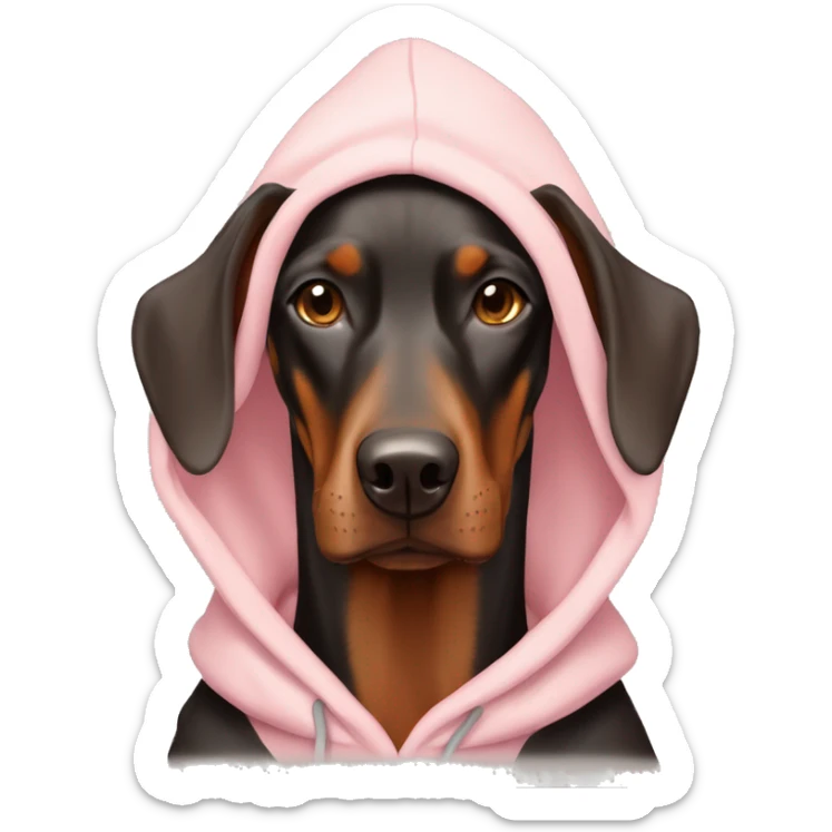 A red and tan female American Doberman wearing a pale pink hoodie sticker