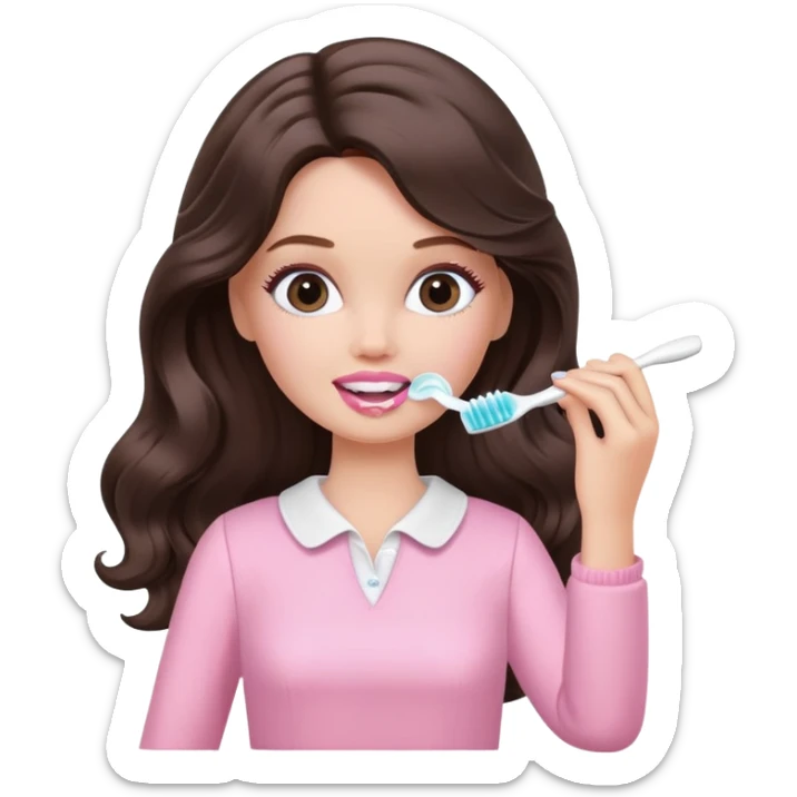 A white barbie girl with long dark brown wavy hair in pale pink clothes brushes her teeth sticker