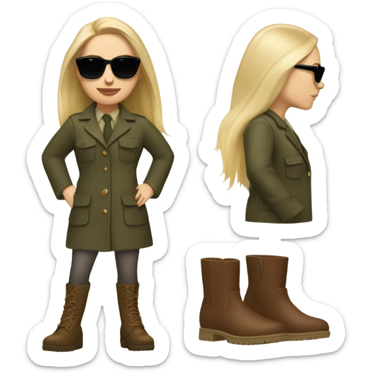 Realistic White woman with Long straight blonde hair and round sunglasses, camouflage Wool oversize blazer, mini dress and Brown leather boots  sticker
