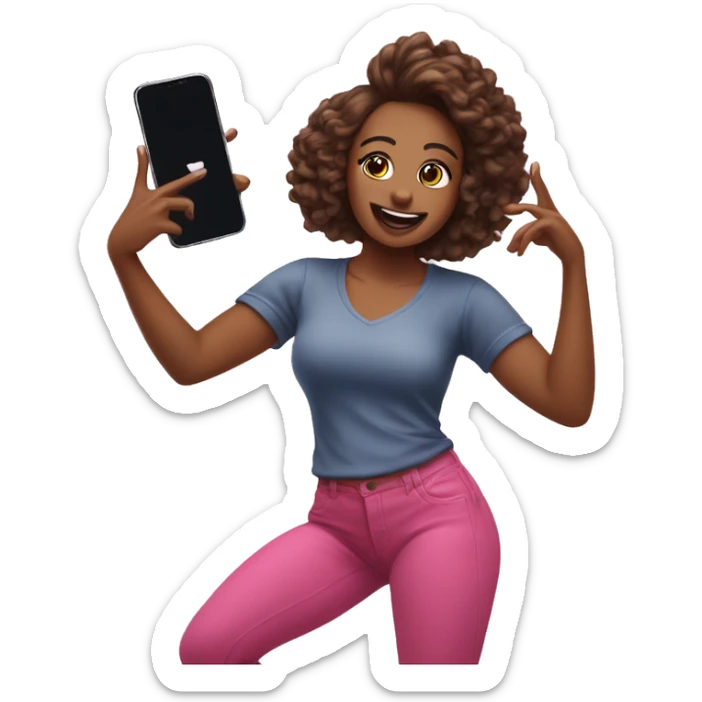 An emoji of a woman recording a TikTok dance video, holding a smartphone, mid-dance with a confident pose sticker