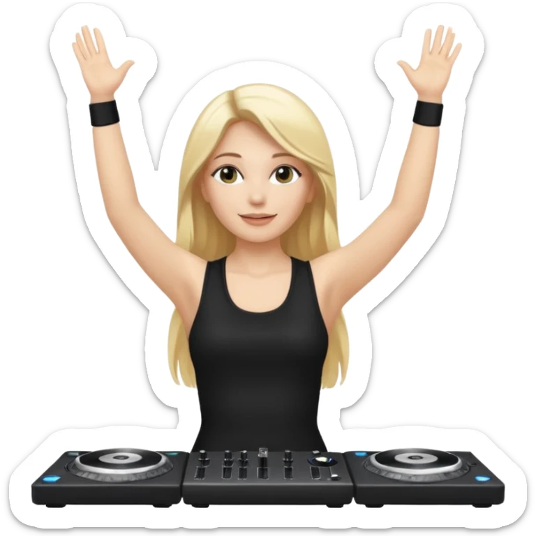 I want a white female dj animated gif emoji with long straight centre parting blonde hair putting hands up in the air. Wearing a black tight top with no sleeve sticker