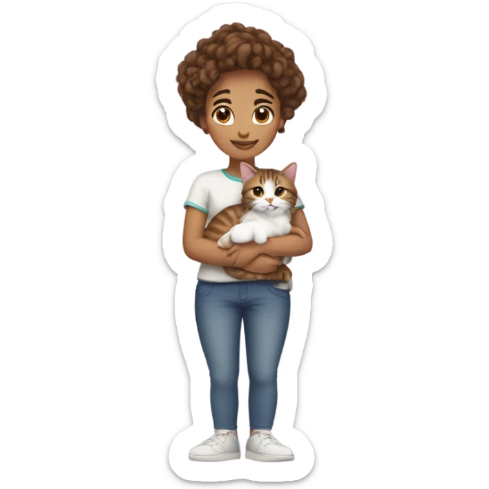 Girl with curly brown hair in bun cuddling a tabby cat with white paws and chest  sticker