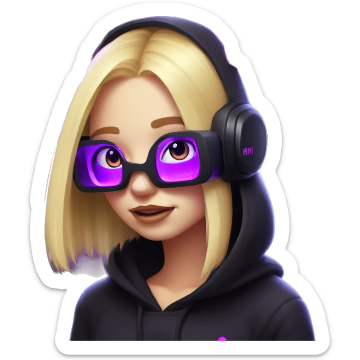 Russian cute blond girl wearing black hoody with violet letters "OMG", in vr headset. Cyberpunk style. Violet neon. sticker