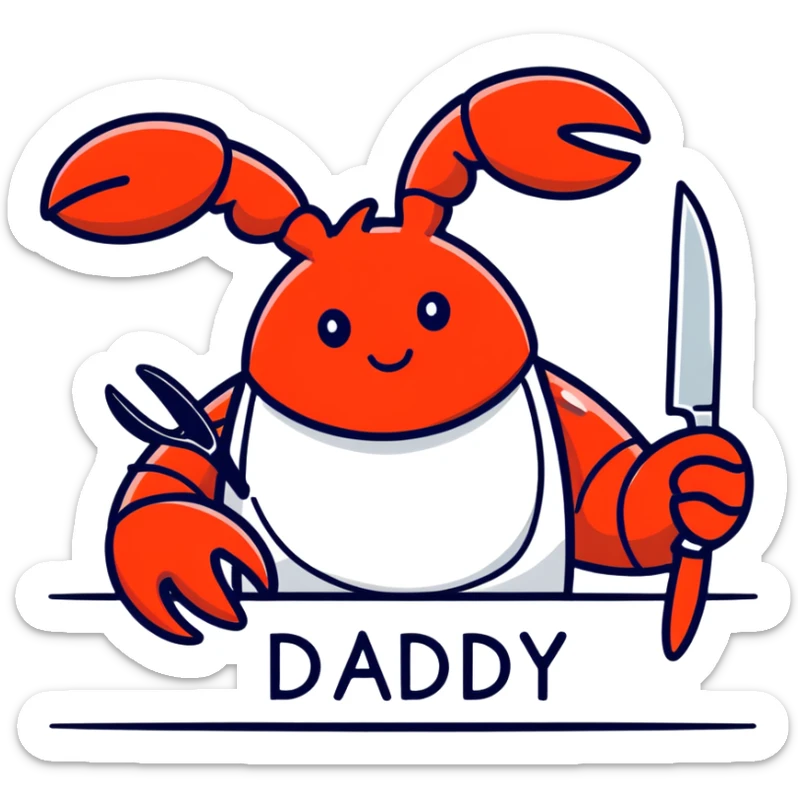 A lobster holding a knife and fork with a food bib and a sad face with a word bubble above it saying daddy sad ￼ sticker
