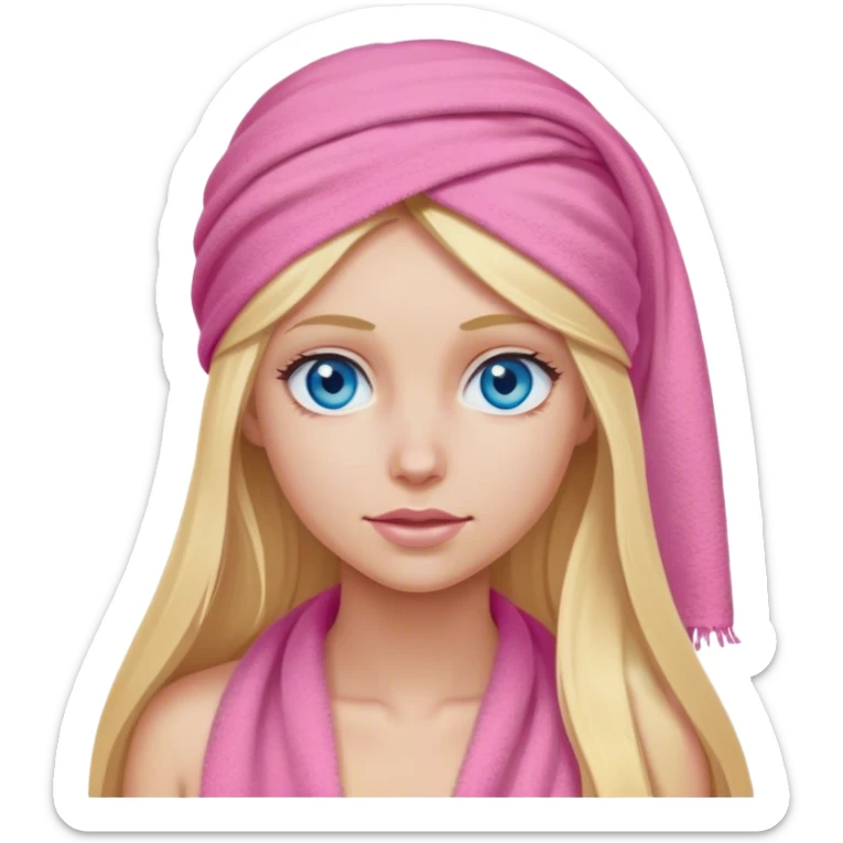 Cinematic realistic blonde with long hair and blue eyes, with a pink towel on her head sticker