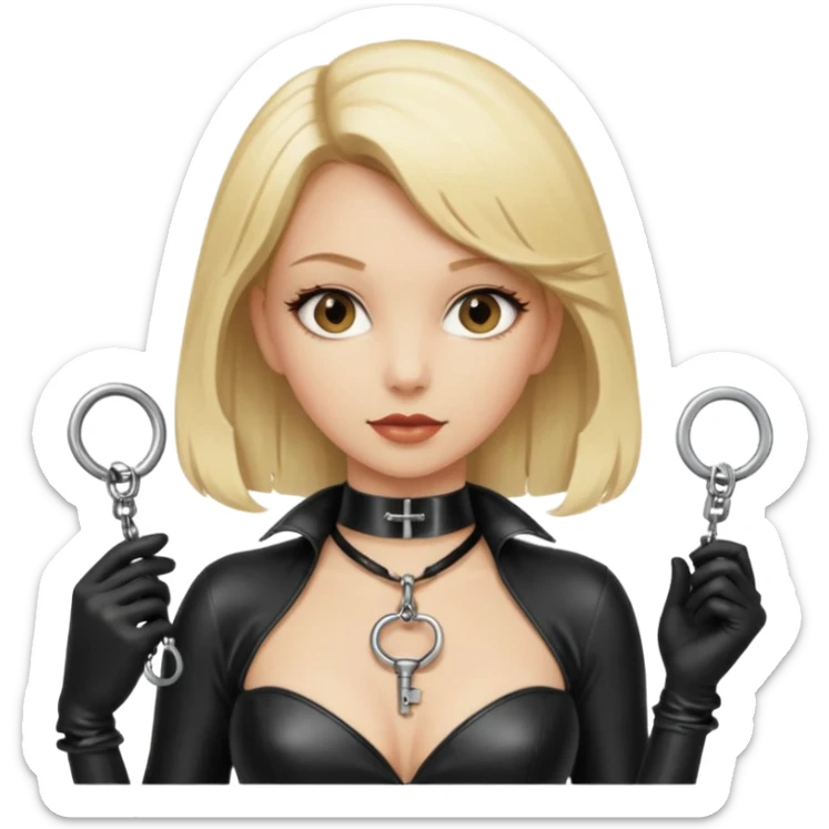 Dominatrix with blonde hair, latex outfit, old fashioned key necklace, and a whip sticker