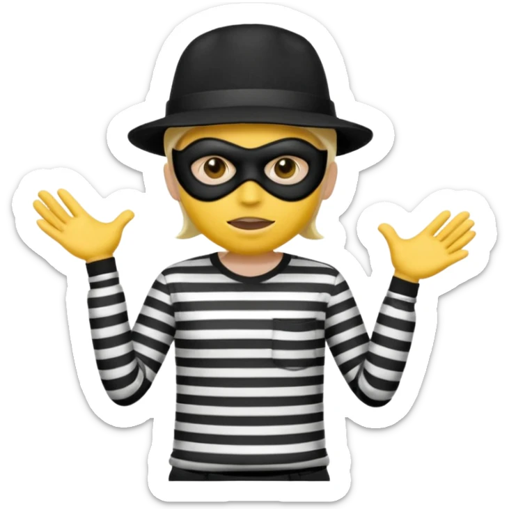 Shrugging shoulders emoji but wearing cliche robber outfit not holding any money, emoji yellow skin tone sticker