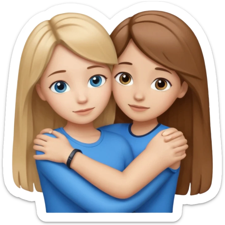 two Girls, Brown and Blonde hair, with Blue Eyes hugging one has Brown hair cute Hug another Version  sticker