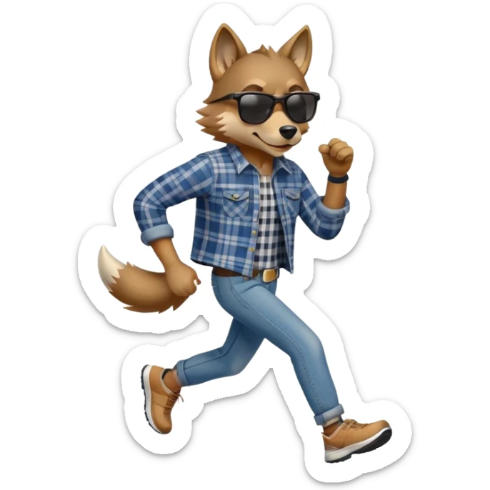 friendly anthropomorphised wolf in jeans and plaid shirt, wearing dark sunglasses, jogging upright in relaxed pose sticker