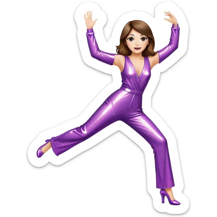 woman with white skin and brown hair disco dancing with one arm up, wearing a sparkly jumpsuit, energetic pose sticker
