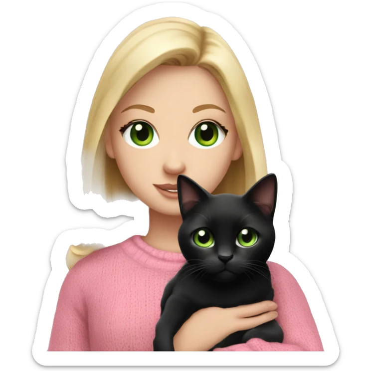 Pretty green eyed white girl with blonde hair in a pink sweater holding a black cat sticker