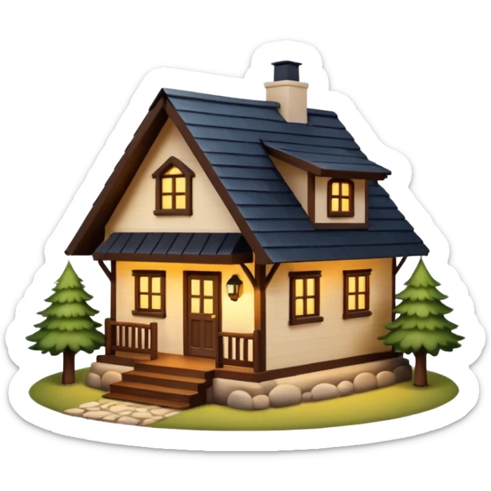 A cozy small house with warm lights coming from the windows, wooden details, surrounded by trees, peaceful atmosphere, soft lighting, charming and realistic
 sticker