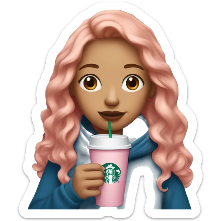 Girl with strawberry blonde hair, freckles under her eyes, dark blue eyes, a pink hoodie, holding a Starbucks cup sticker