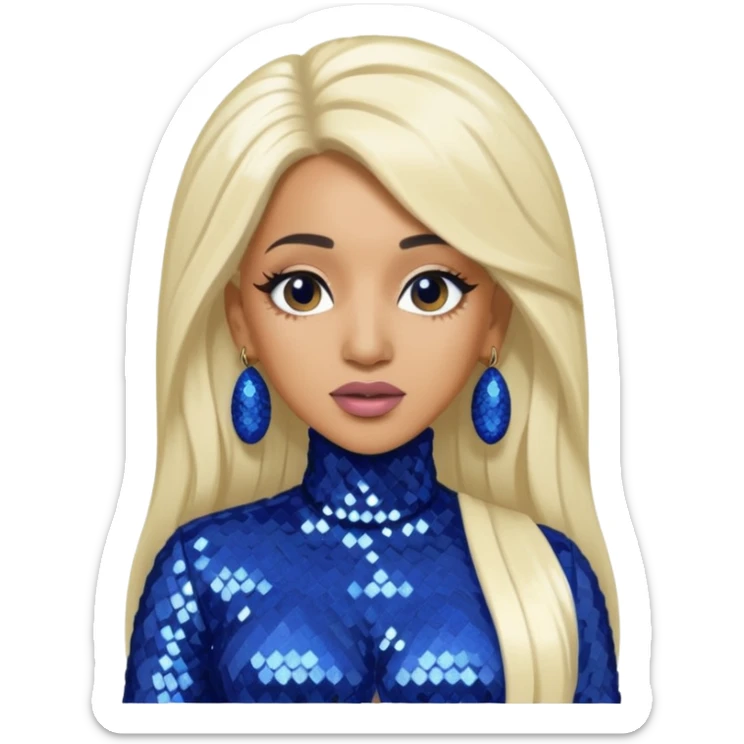 Cardi B with tan skin, long white blonde hair, indigo sequin outfit sticker