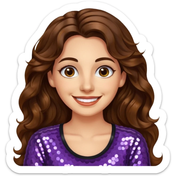 30 yr old italian woman, long brown wavy hair, big brown eyes, huge smile, sequin shirt, no bangs,  sticker