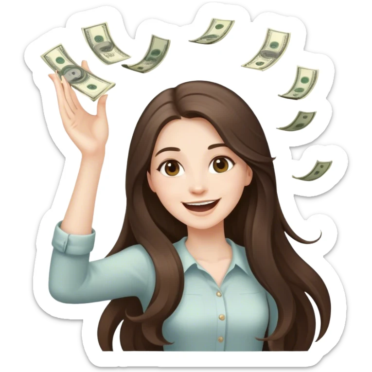 happy beautiful pale brunette girl with long hair throwing money sticker