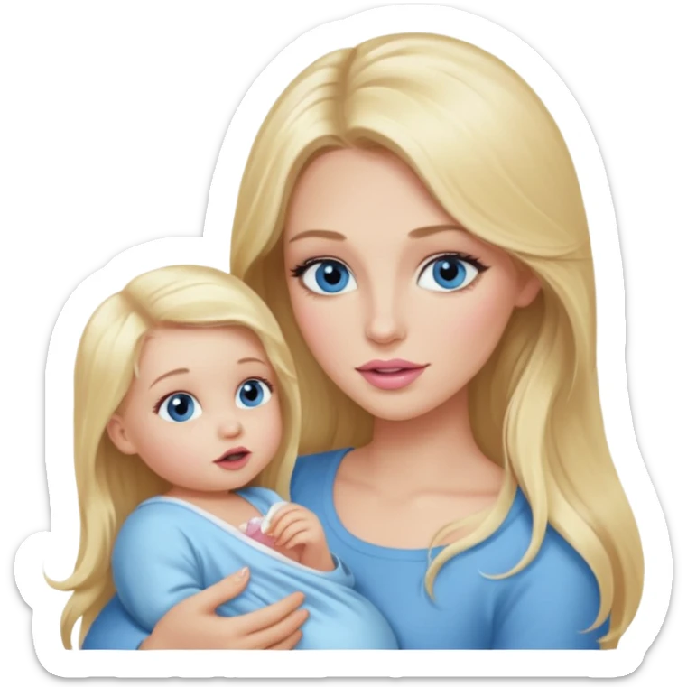 Blonde baddie with long hair Pretty makeup long lashes blue  eyes ,   light pink lips feeding baby boy sticker
