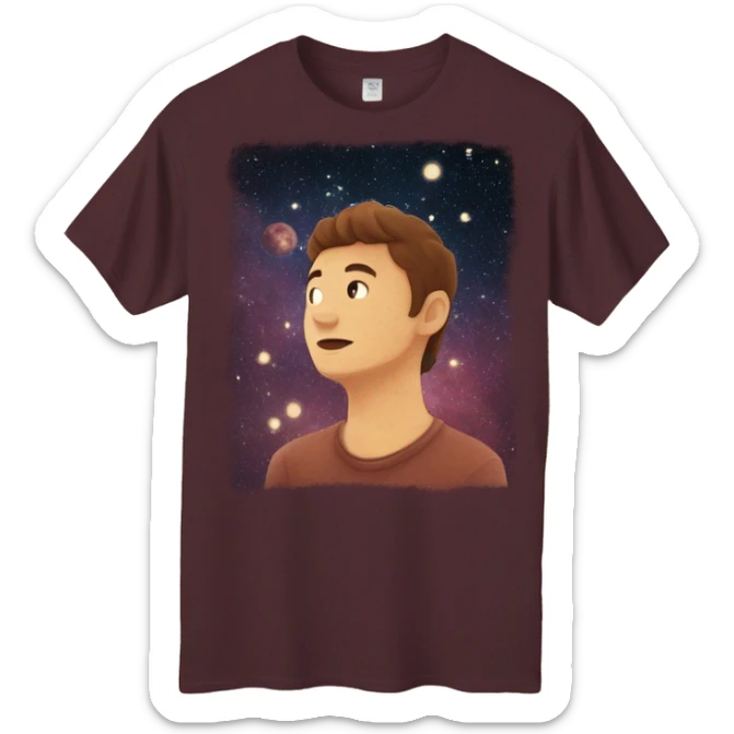 Person wearing maroon vintage sepia T shirt with nebulas galaxies and constellations star map celestial illustration t shirt sticker