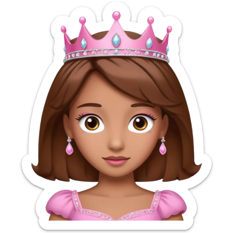 A pretty princess emoji with eye lashes, tan skin and brown hair with a pink dress and tiara  sticker