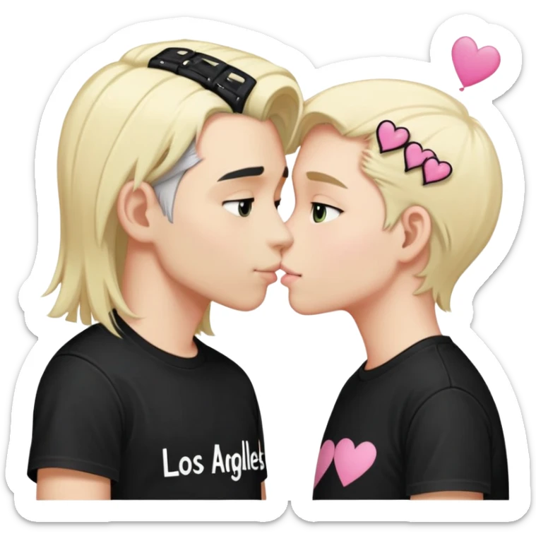 A boy with Platin blonde hair wearing a black T-shirt with a text saying “Los Angeles” in white on the back, and a girl with black hair and two pink hair clips in each side kissing each other  sticker