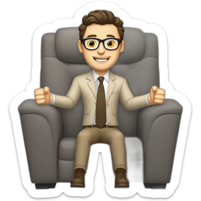 Joyful Celebrating victory Hands up Pale skinned Fit Man With dark brown hair in gray jacket, beige office shirt, Brown pants and vintage glasses sitting In a soft chair sticker