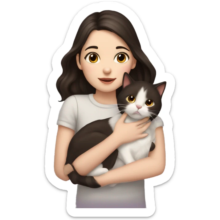 A pale girl with dark brown hair and dark brown eyes kisses a cat in her hands sticker
