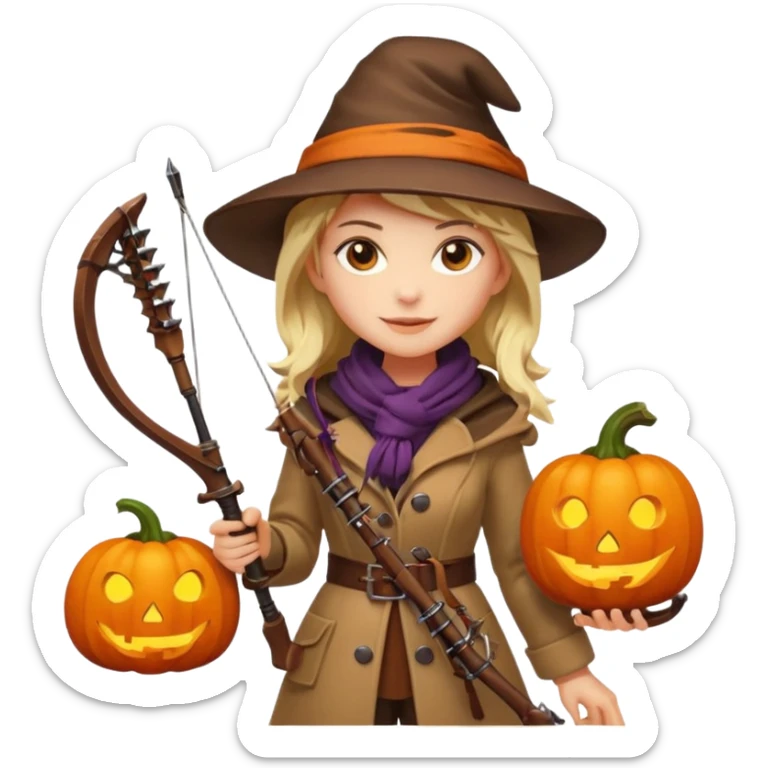female human monster hunter emoji, wearing brown coat and hat, holding crossbow, soft smile, scarf, glowing pumpkin by her side, Halloween fantasy style, clean vector Apple emoji look, bright colors, white background, square sticker