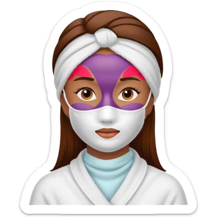 a woman with brown hair wearing a white towel and a skin care mask on her face sticker