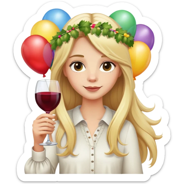 Blond long hair birthday girl with garland and ballons and wine  sticker