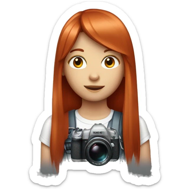 girl with long, straight red hair and fringe with camera sticker
