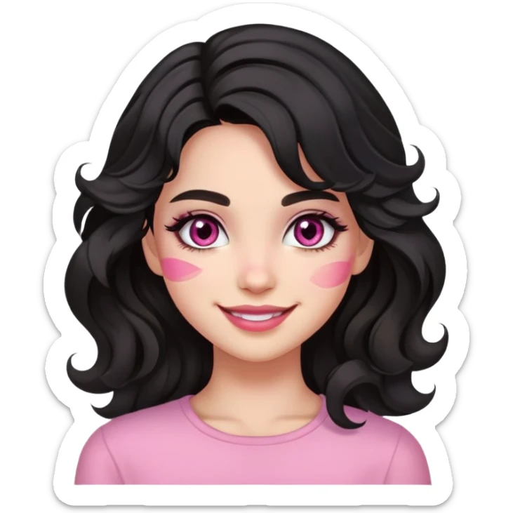 smiling girl with black wavy hair swept to the left, pink eye makeup smudged, no pink on cheeks sticker