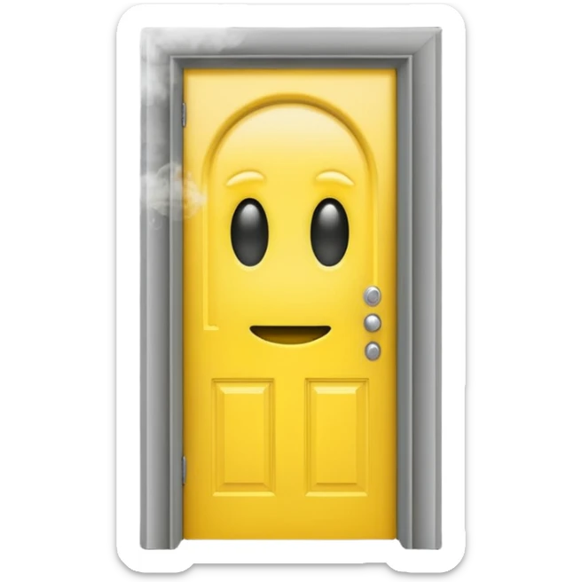 Minimalist emoji-style sticker of a half-open door, with smoke and a single glowing eye visible in the dark inside. Flat design, desaturated colors.
 sticker