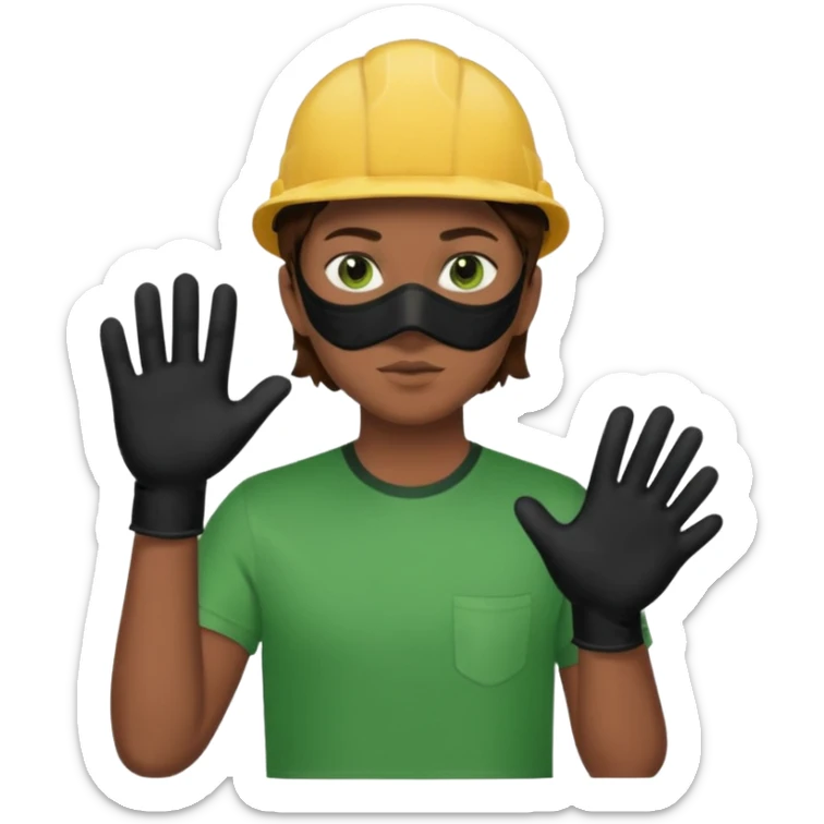 Chico de pelo marrón y ojos verdes, Con un cubre bocas negro, que tiene una camisa verde por encima de una remera blanca, y tiene un guante negro en una sola de las manos. sticker