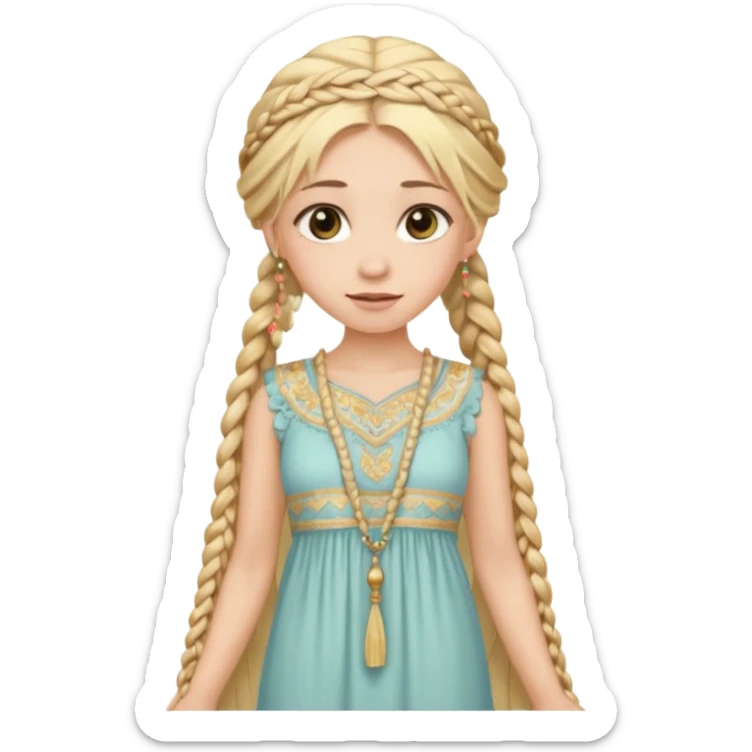 
mujer, Joven, de aspecto dulce y elegante.
Piel clara, ojos grandes y expresivos, sonrisa triste.
Rubio o castaño claro, largo, con trenzas o velo.
Vestido largo hasta los pies de tonos suaves (blanco, azul o lavanda), con bordados dorados; toca fina cubriendo la cabeza. sticker