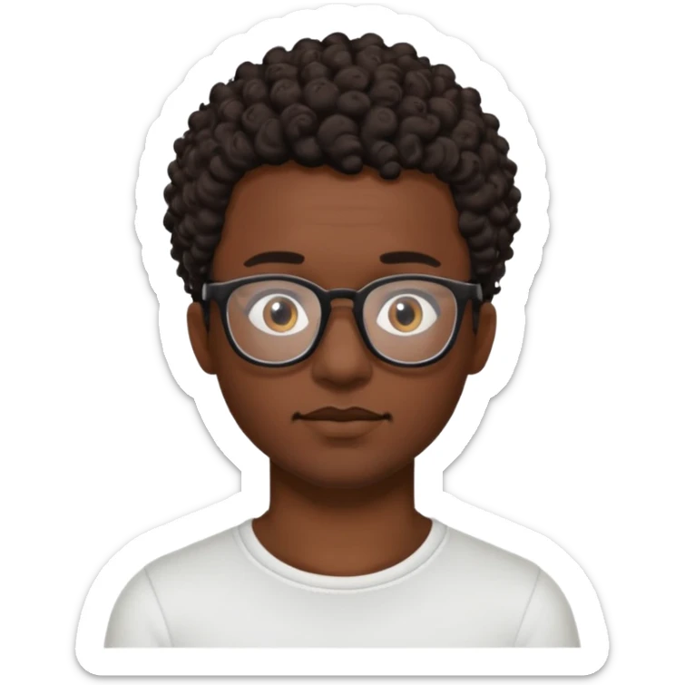 black man with short dark brown curly hair, black glasses, small tattoo on neck sticker
