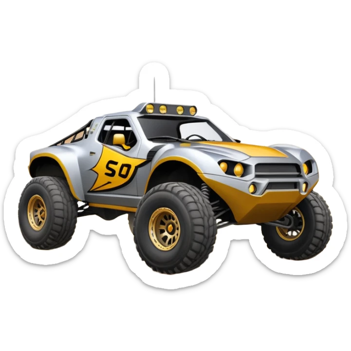 Satan’s (post race) cabaret wide-body Dirty and dented Local Motors Rally Fighter off road race car hot rod trophy truck-style flying on a dusty road (silver wheels) sticker