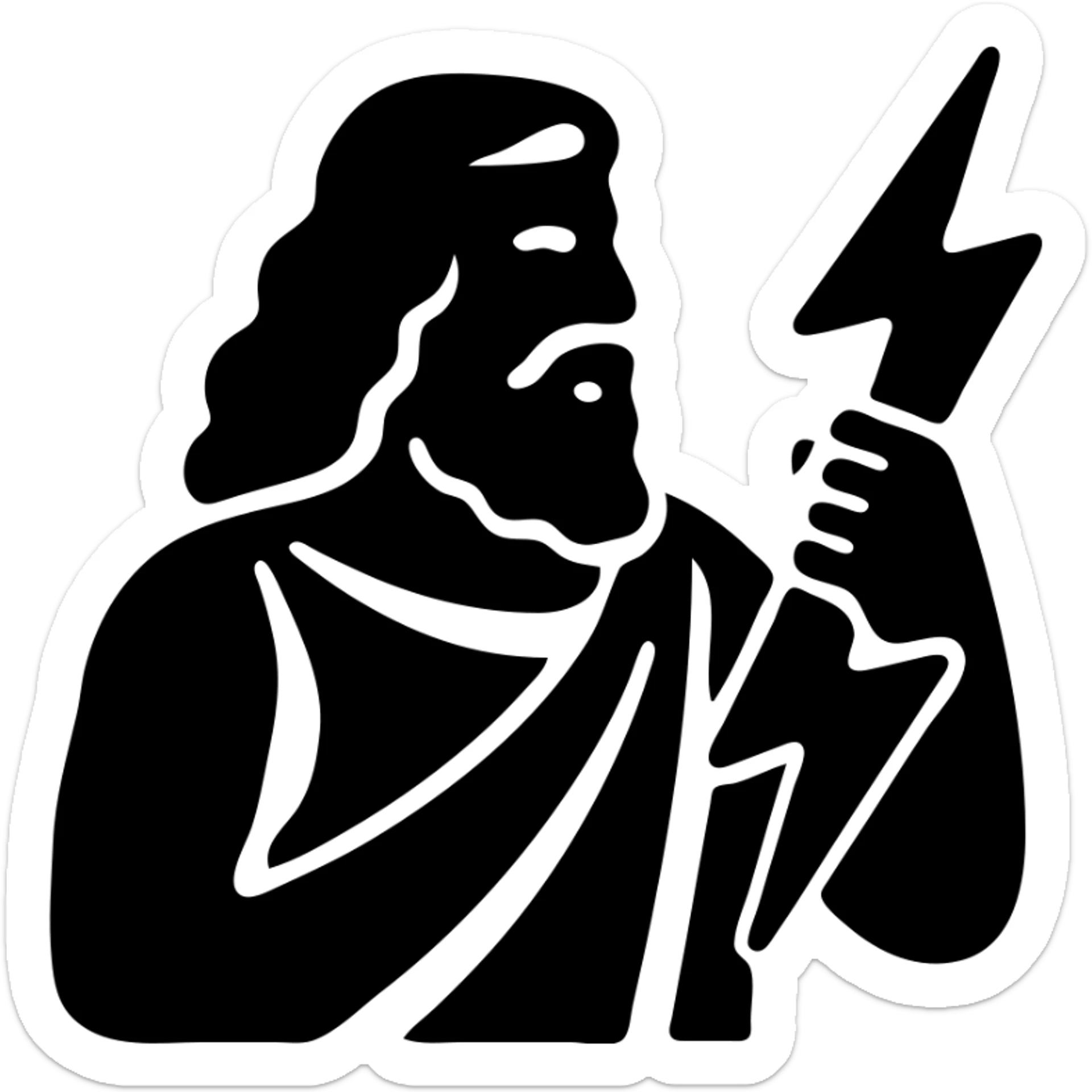 A detailed illustration of Zeus, the Greek god, with his beard, long curly hair, and regal attire, holding a lightning bolt sticker