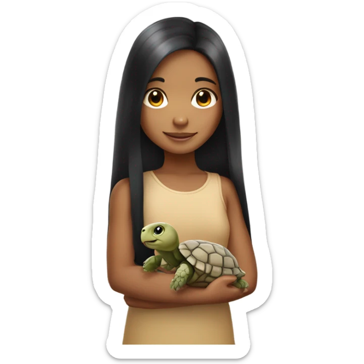 Little girl with long black hair and light tan skin holding a tortoise sticker