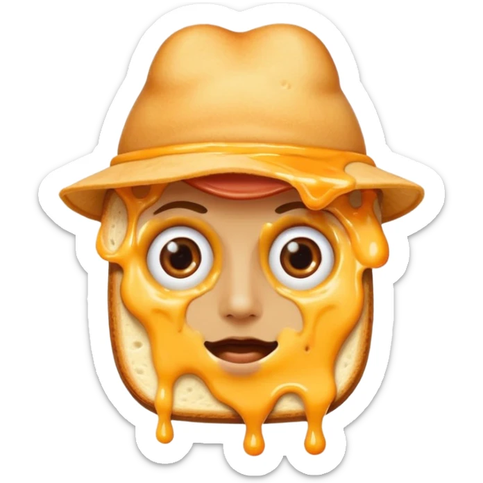 a toastie with melted cheese on the rim and an orange hat and two eyes in left  sticker