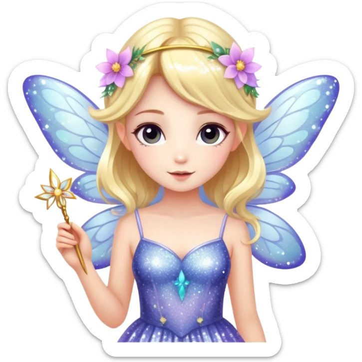 Cute fairy girl with delicate wings, sparkly wand, floral dress, and magical glitter sticker