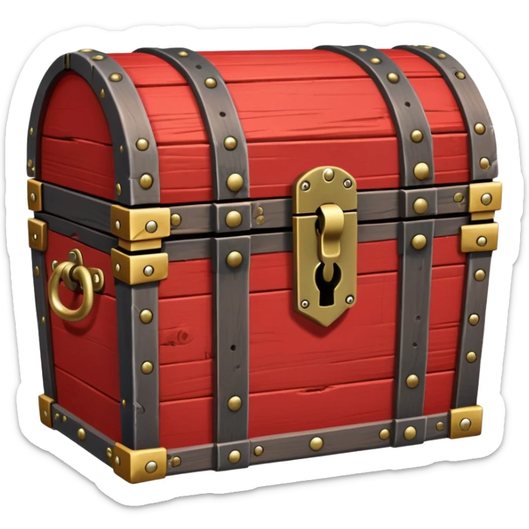 A red wooden treasure chest from an RPG, with metal hinges and a lock sticker