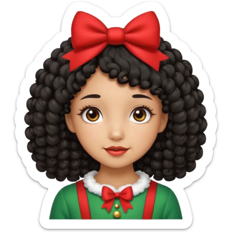 cute girl tan skin, curly black hair chin length, middle part, long eyelashes, cute cheeks, 5'2, outfit croquette style with bows and christmas theme sticker
