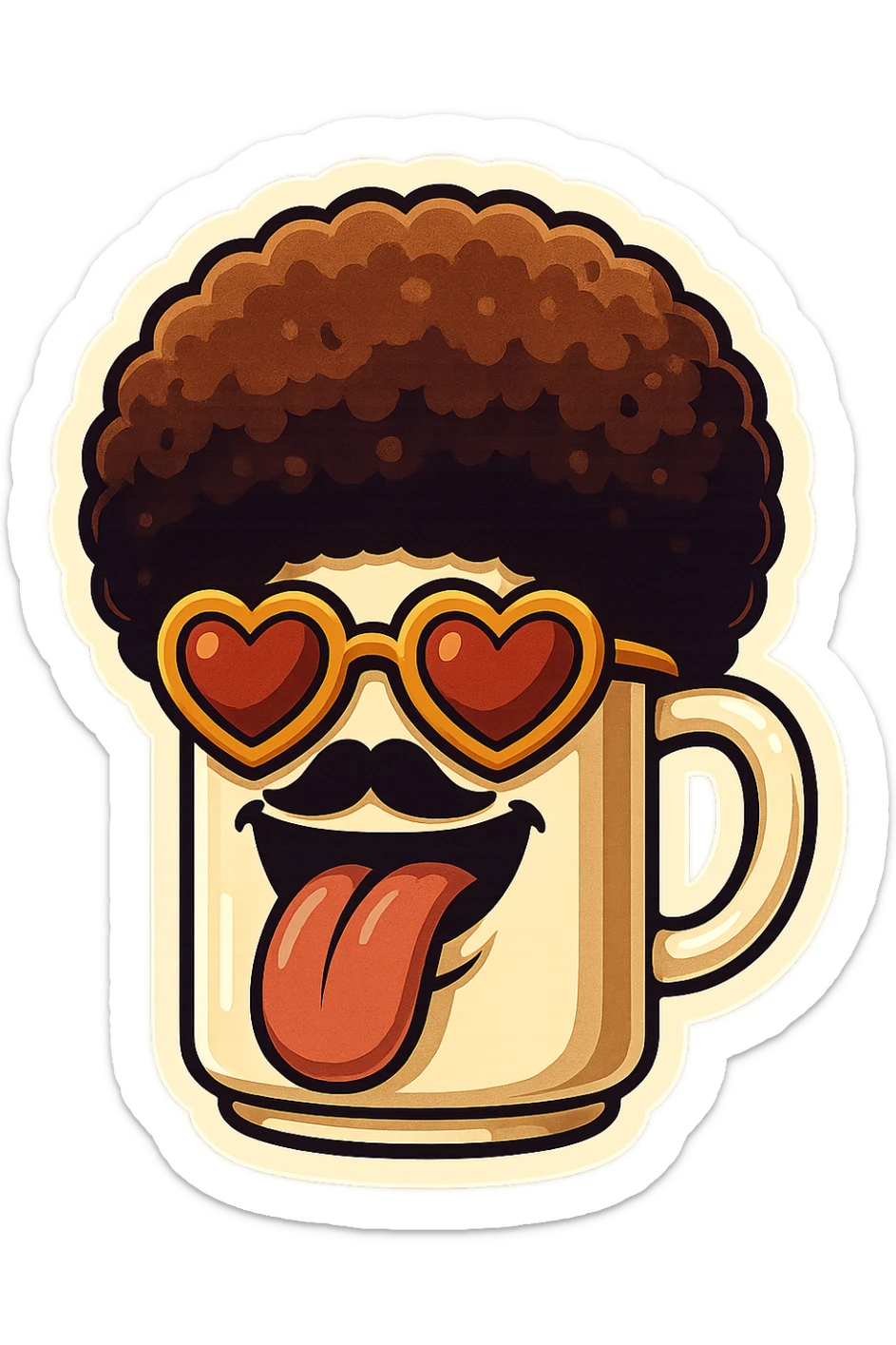 Tall coffee cupp, afro, heart glasses, big heart eyes, tounge rolled out sticker