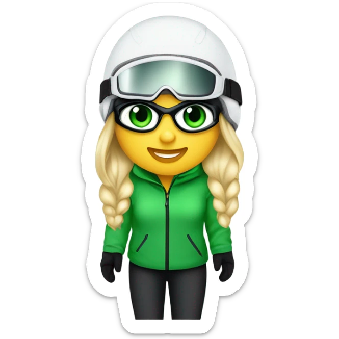 Green-eyed, fat female skier with medium-length straight blonde hair not plaited, snow goggles on helmet, white ski helmet, gray snow jacket, green ski gloves, long black pants rolled up at the bottom, black only snow boots standing tall. sticker